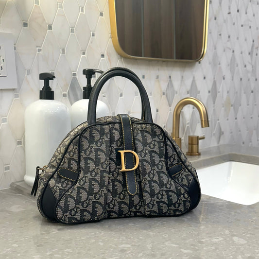 Christian Dior Navy Monogram Small Double Saddle Bowler Bag