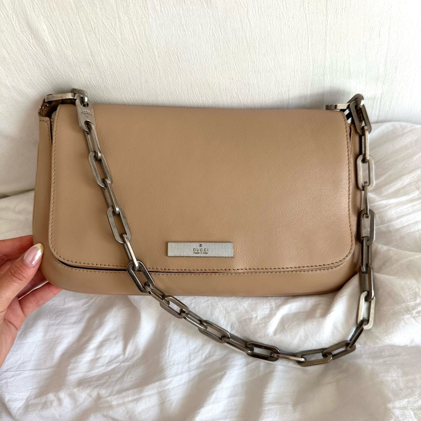 Gucci Beige Leather Silver Paper Clip Link Shoulder Bag