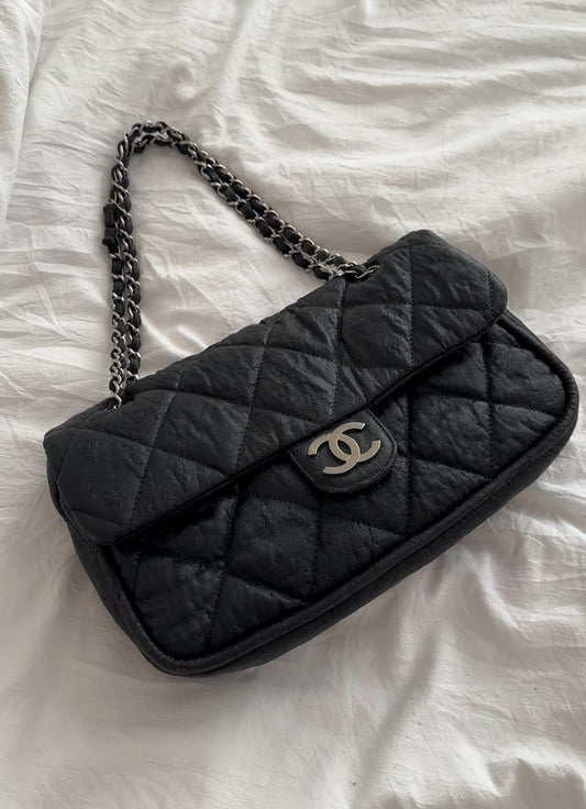 Chanel Black Textured Coated Nylon Flap Bag