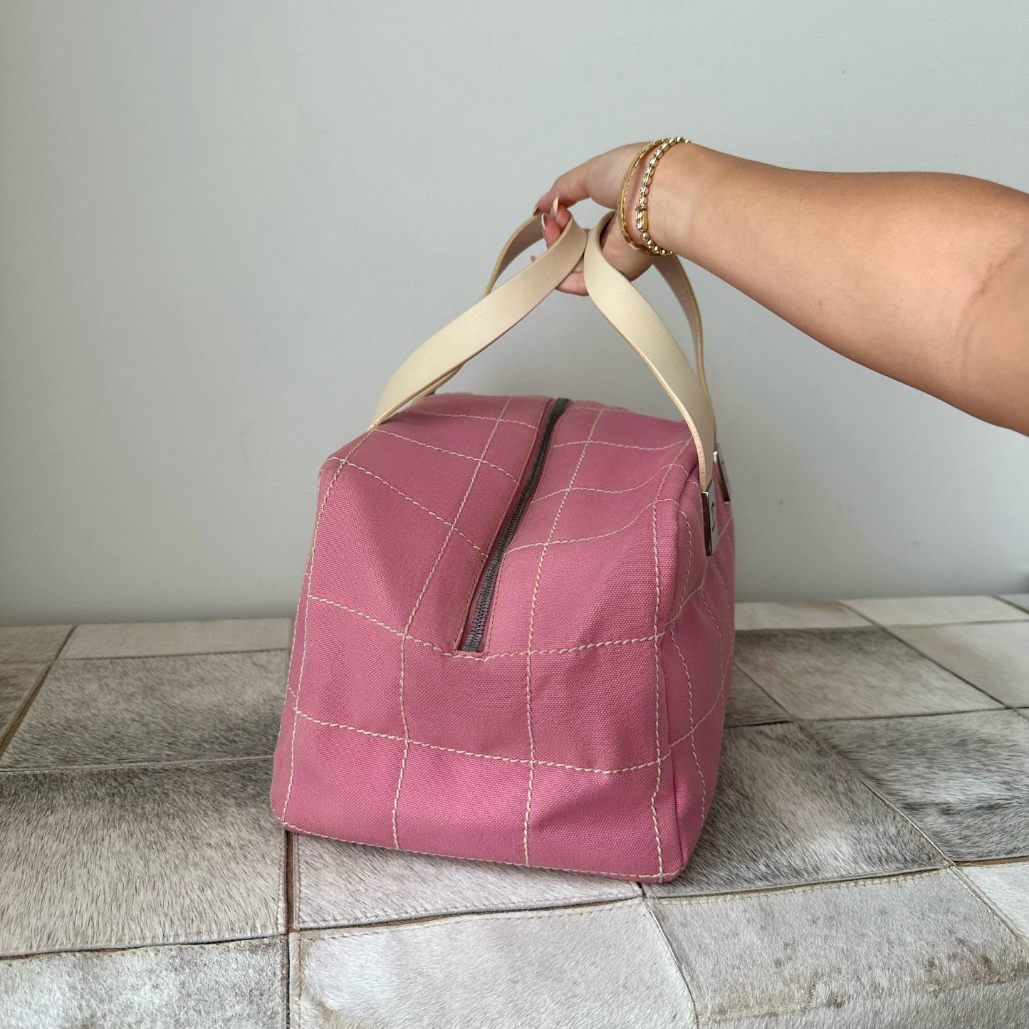 RARE Chanel Pink Canvas Leather Square Stitch Boston Bag w/ Papers