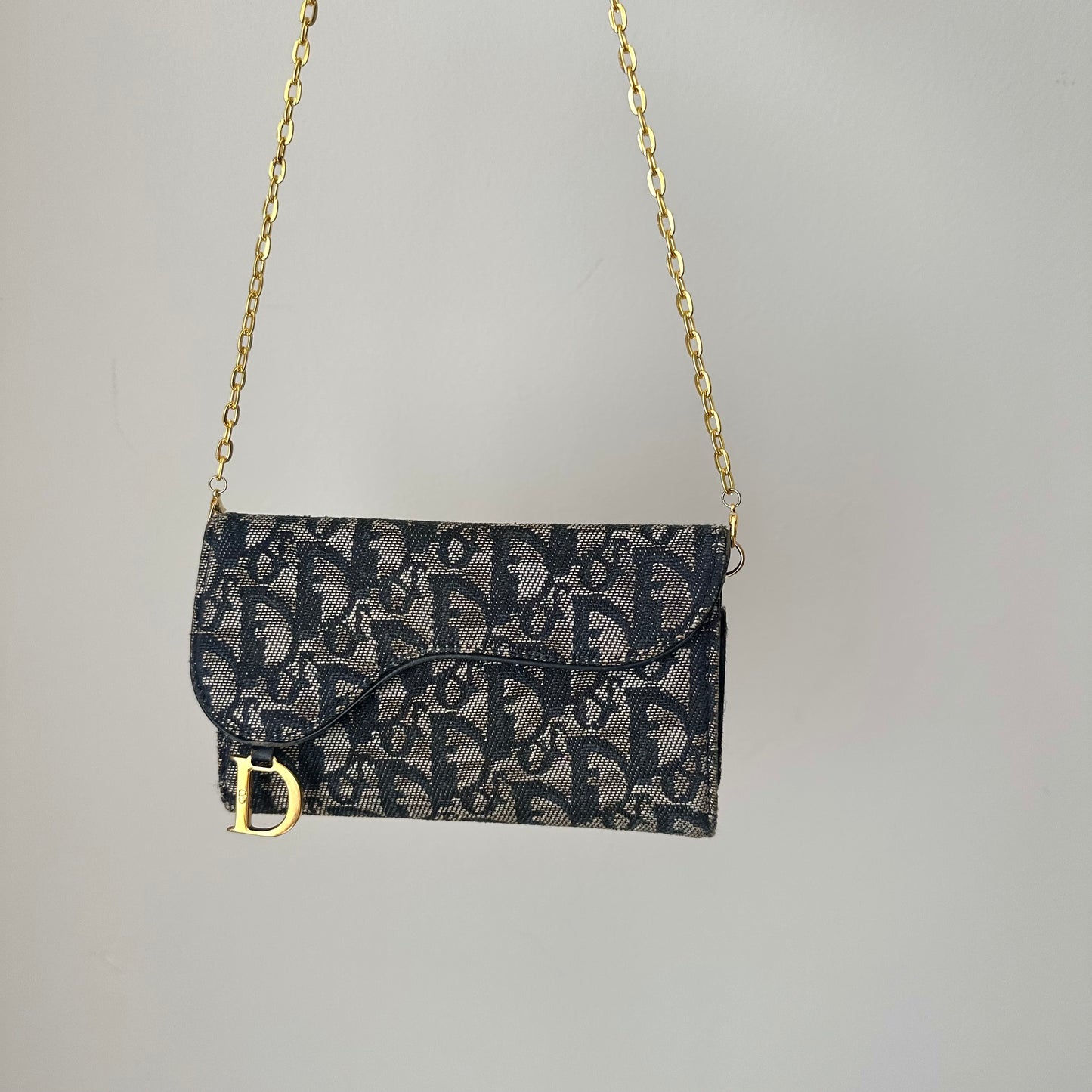 Christian Dior Blue Monogram Saddle Wallet On Chain