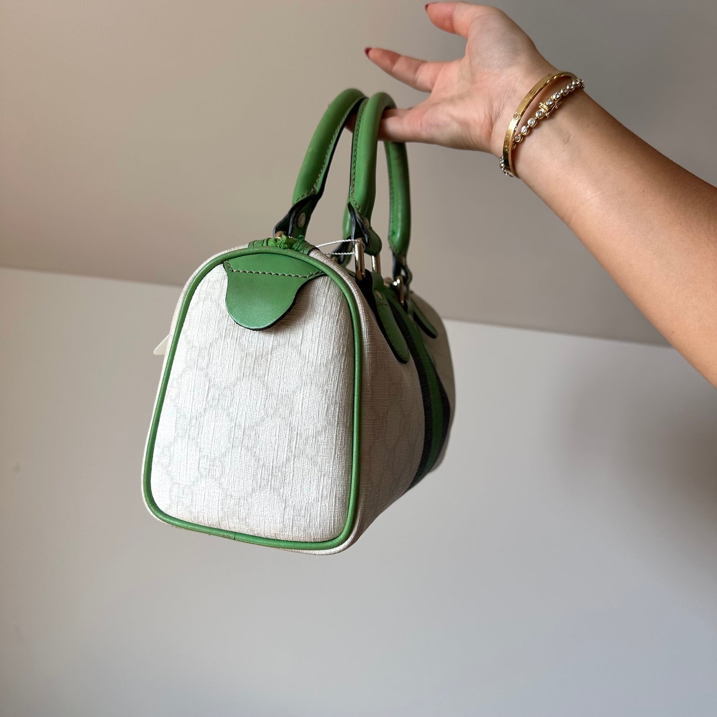 Gucci Small White & Green Joy Monogram Boston Bag