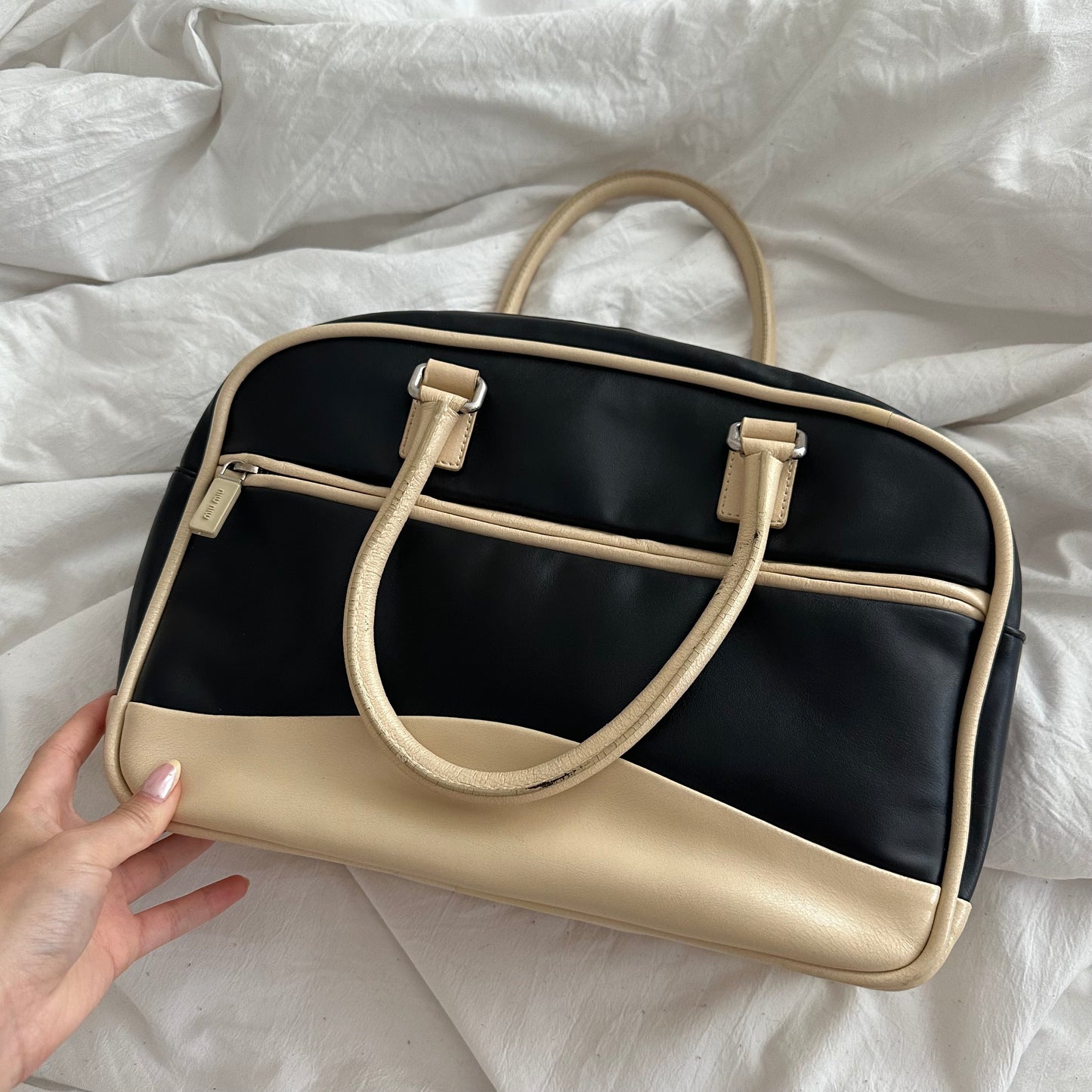 RARE Miu Miu Black & Cream Leather Top Handle Bag