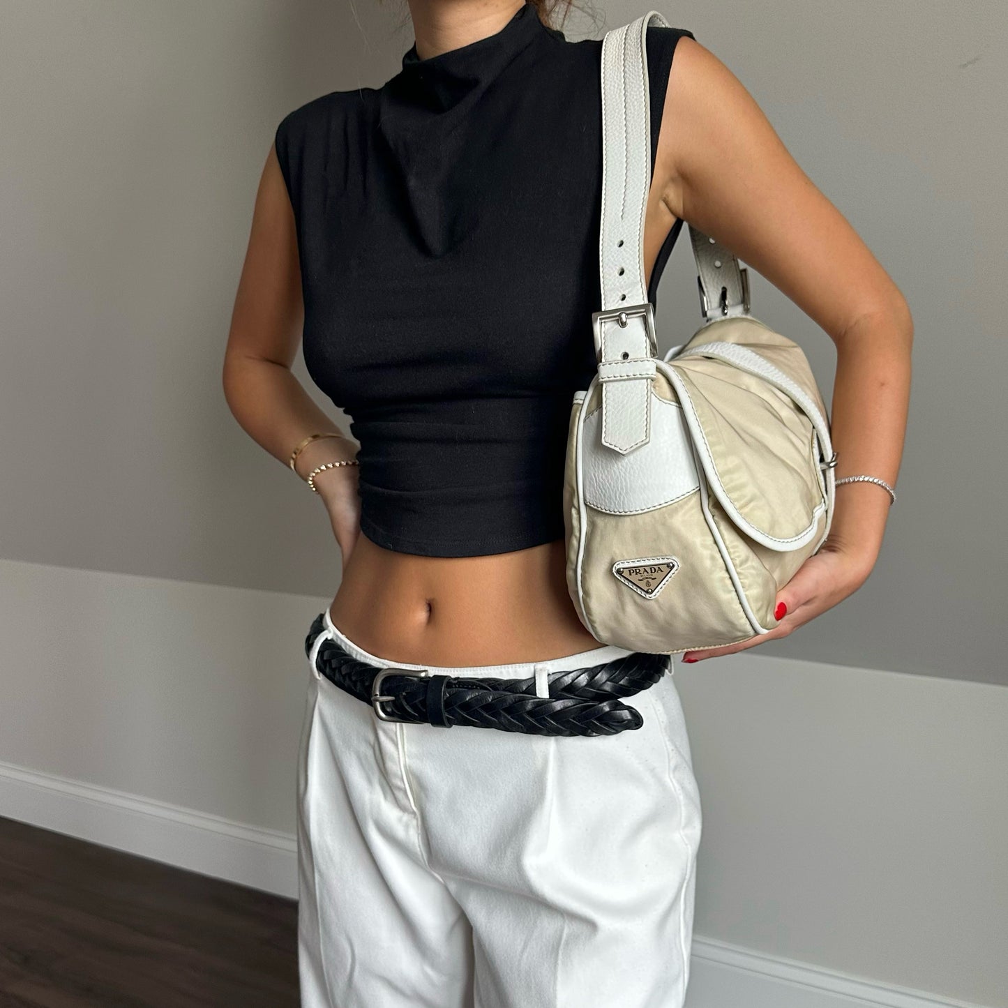 Prada Cream White Leather Buckle Shoulder Bag