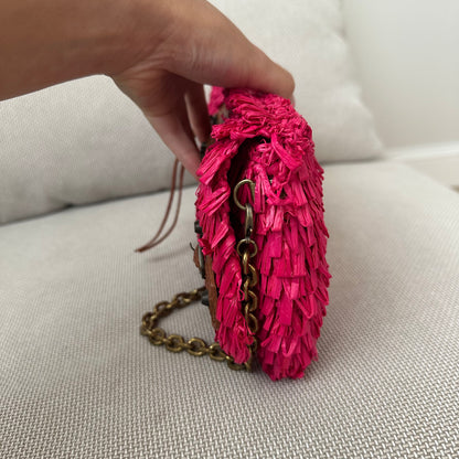 SUPER RARE Balenciaga Pink Raffia Pochette w/ Mirror Shoulder Bag