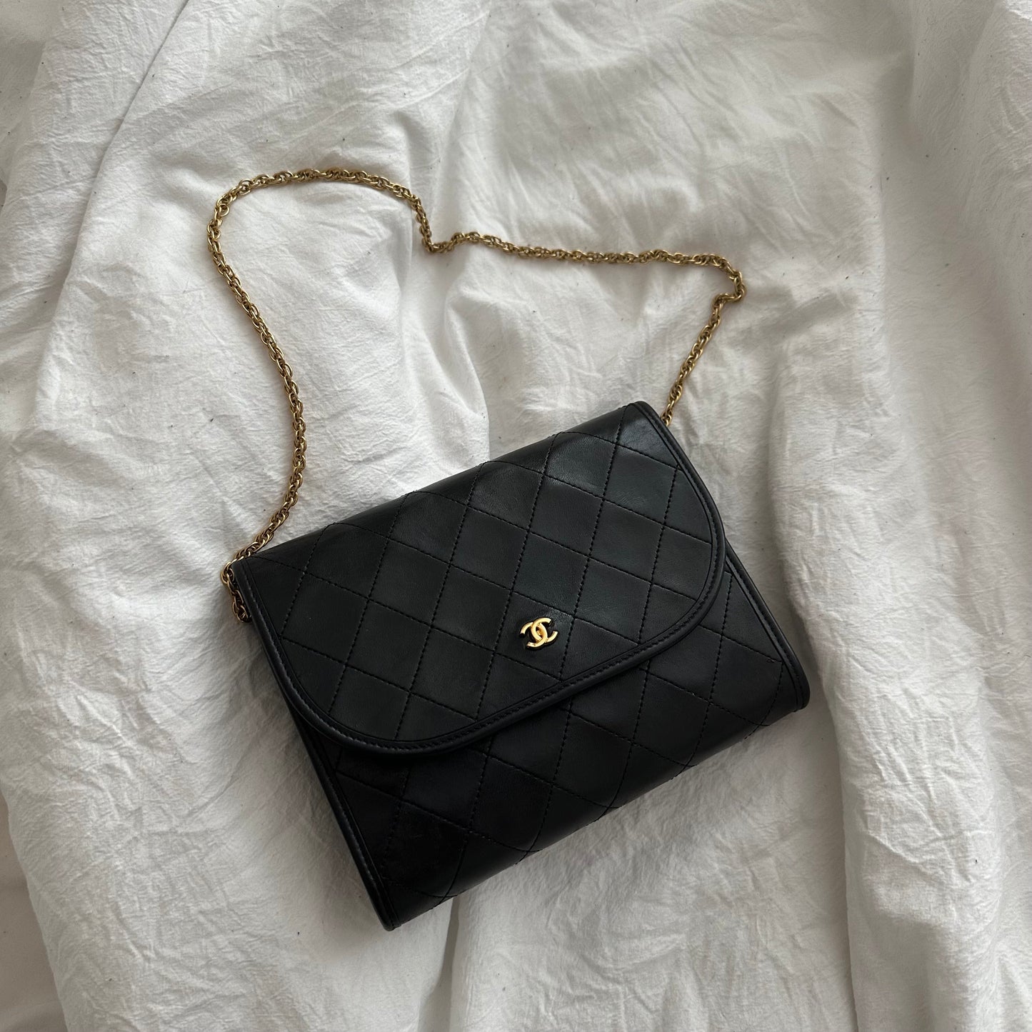 Chanel Black Leather Quilted Gold Convertible Small Bag