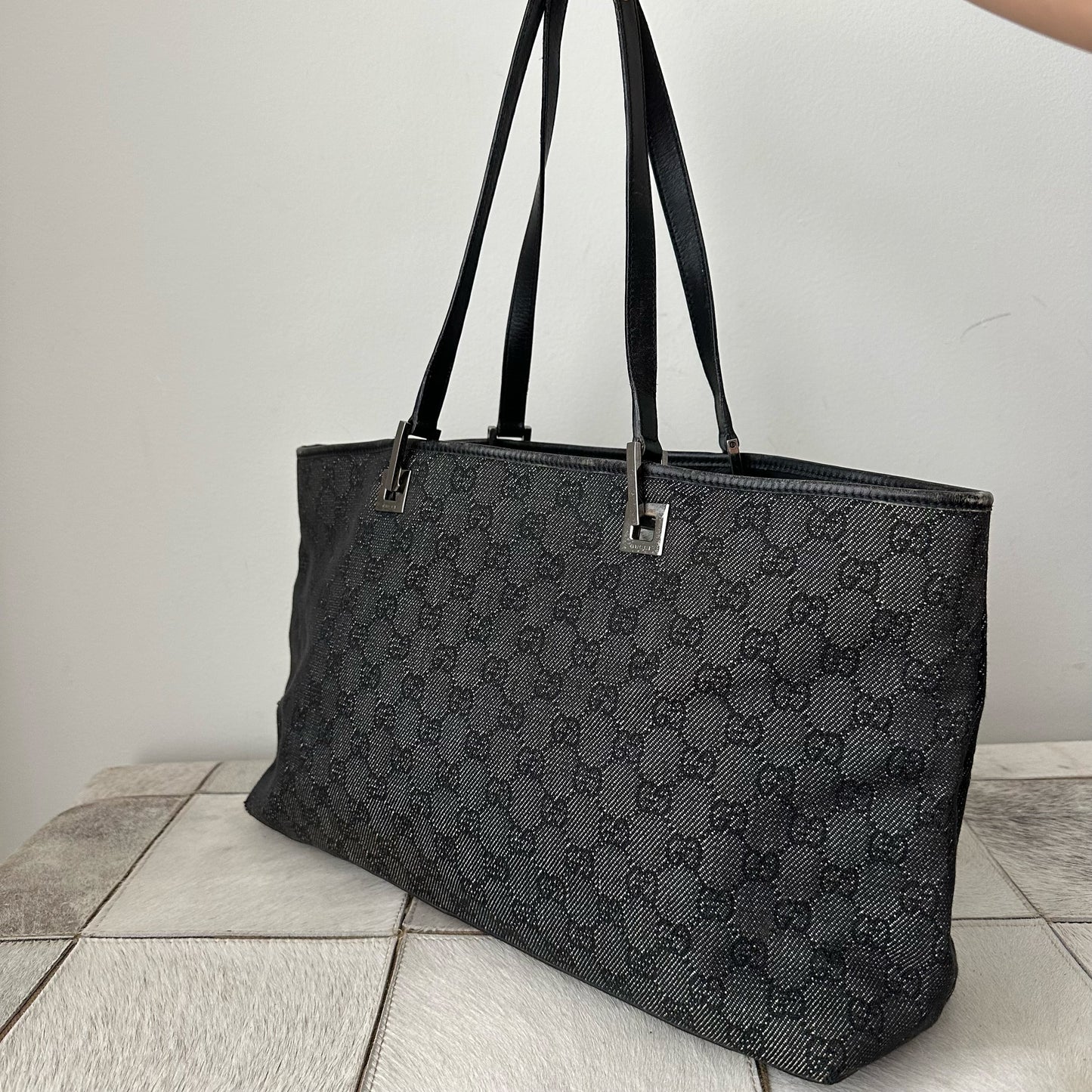 Gucci Black Monogram Shoulder Tote Bag