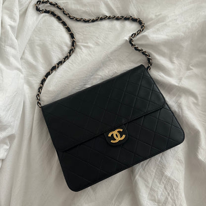 Chanel Gold Plated Black Lambskin Quilted Flap Bag
