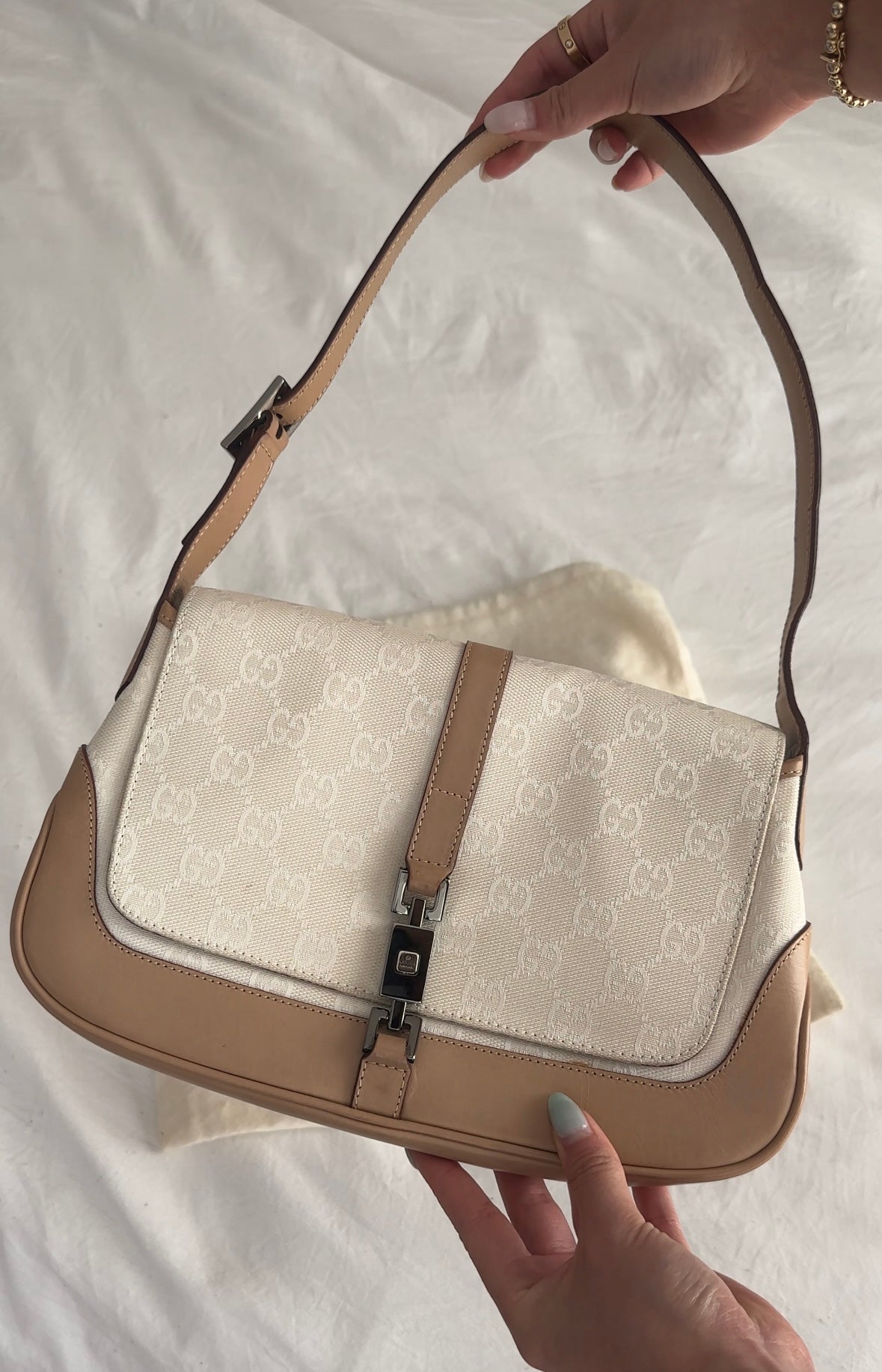 RARE Gucci White & Beige Jackie O Monogram Shoulder Bag w/ Dustbag