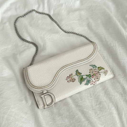 SUPER RARE Christian Dior White Leather Flower Saddle Wallet On Chain w/ Papers