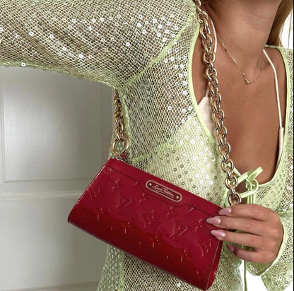 Louis Vuitton Red Vernis Gold Chain Pochette Shoulder Bag