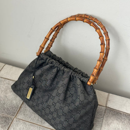 Gucci Black Monogram Bamboo Handle Shoulder Bag