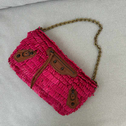 SUPER RARE Balenciaga Pink Raffia Pochette w/ Mirror Shoulder Bag