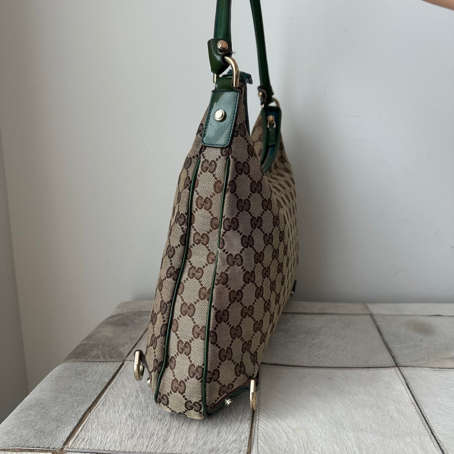 Gucci Green Patent Leather Brown Monogram Shoulder Bag