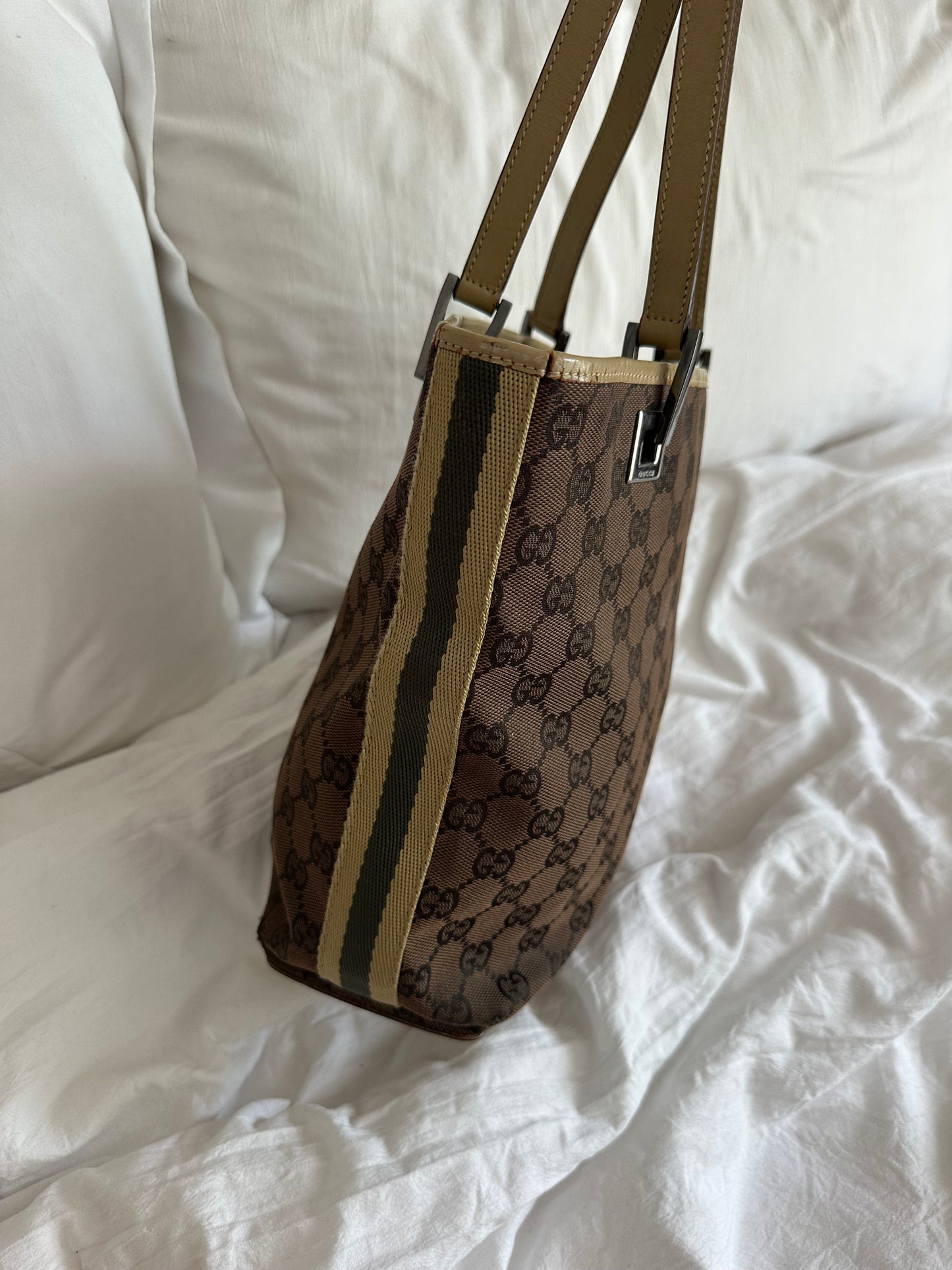 Gucci Small Brown Monogram Green Striped Bucket Bag