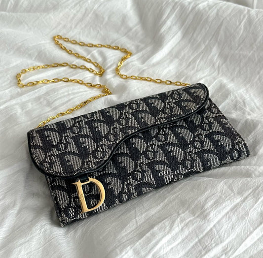 Christian Dior Blue Monogram Saddle Wallet On Chain