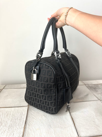 Fendi Black Monogram Zucchino Boston Bag w/ Lock & Key