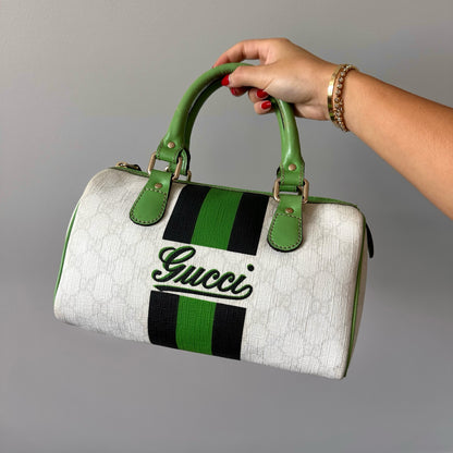 Gucci Small White & Green Joy Monogram Boston Bag