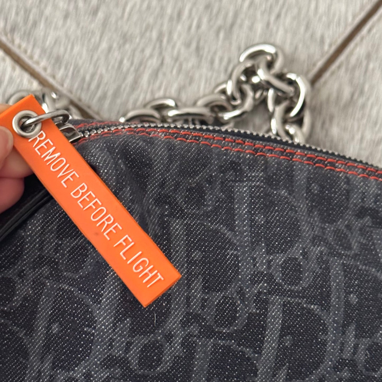Christian Dior Denim Trotter Flight Pochette Bag With Silver Chain