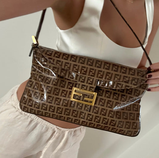 Fendi Brown Gold Zucchino PVC Coated Baguette Shoulder Bag