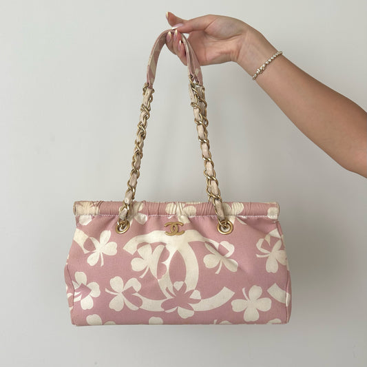 Chanel Pink Clover Print Shoulder Bag w/ Interior Pouch