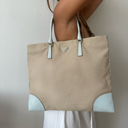 Prada Baby Blue & Beige Tote Shoulder Bag w/ Papers