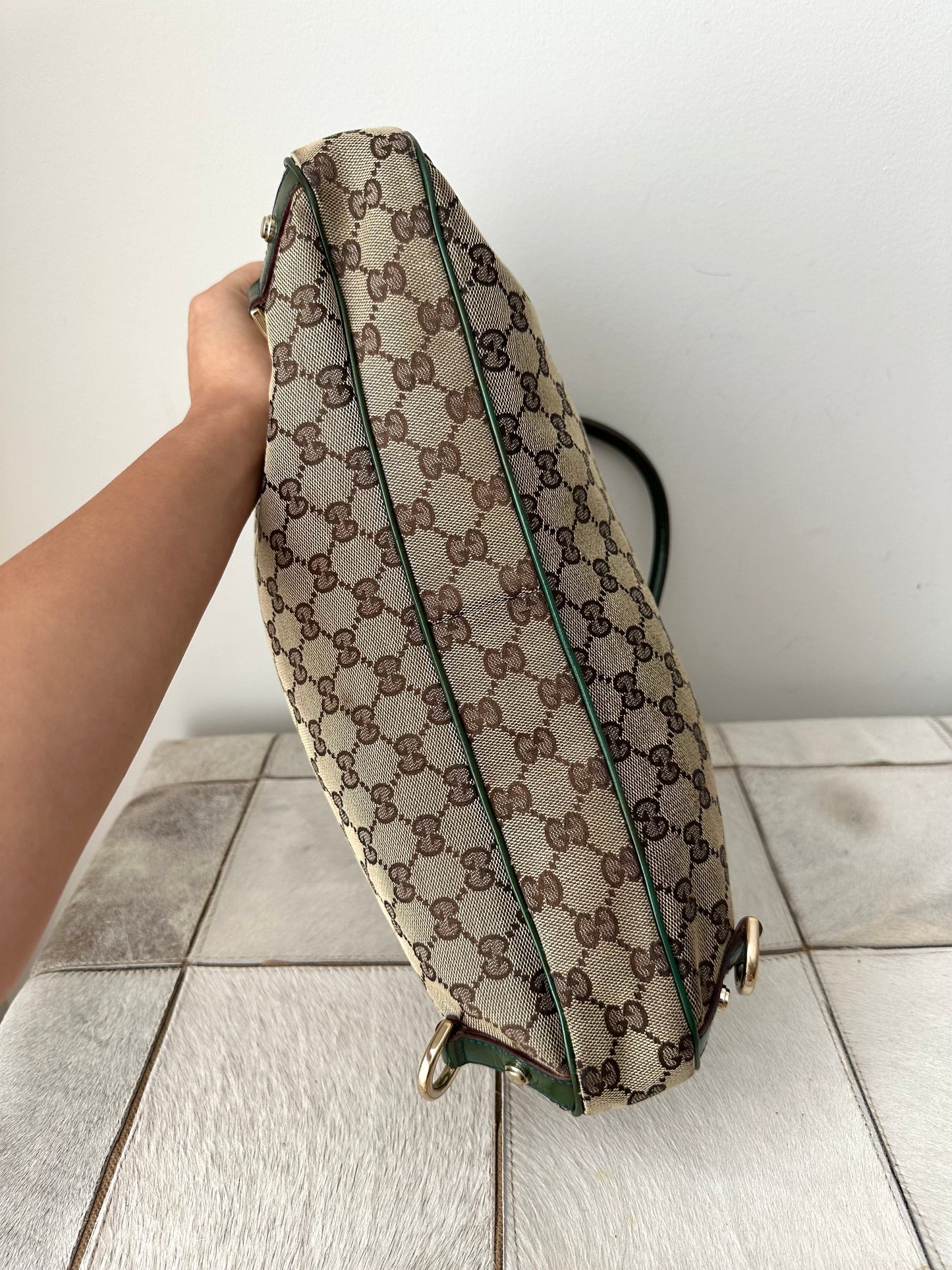 Gucci Green Patent Leather Brown Monogram Shoulder Bag
