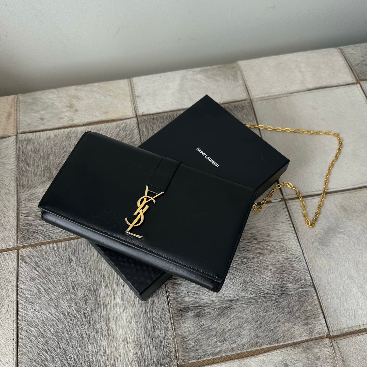 YSL Black & Gold Kate Wallet On Chain w/ Box