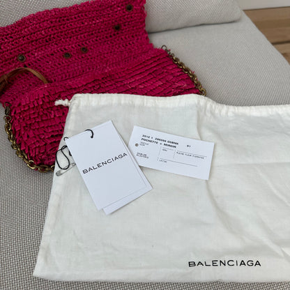 SUPER RARE Balenciaga Pink Raffia Pochette w/ Mirror Shoulder Bag