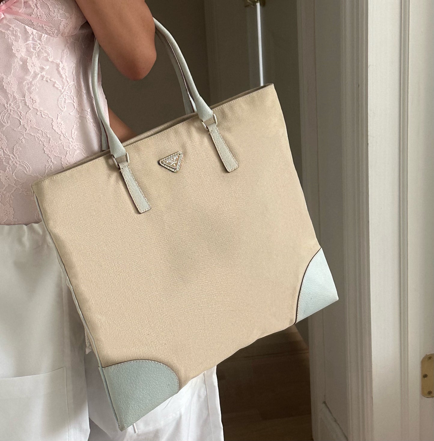 Prada Baby Blue & Beige Tote Shoulder Bag w/ Papers