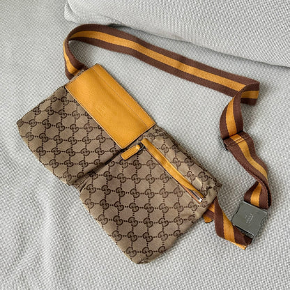 Gucci Brown Double Pocket Monogram Belt Bag