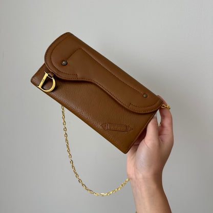 Christian Dior Brown Leather Saddle Wallet On Chain