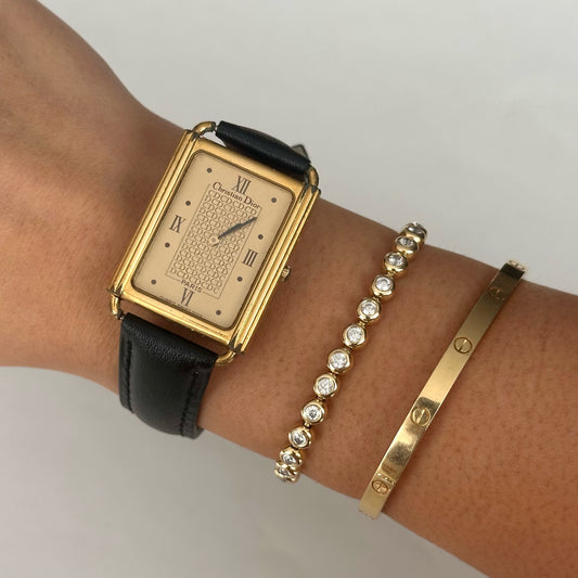 Christian Dior Gold Tank Black Leather Band Watch