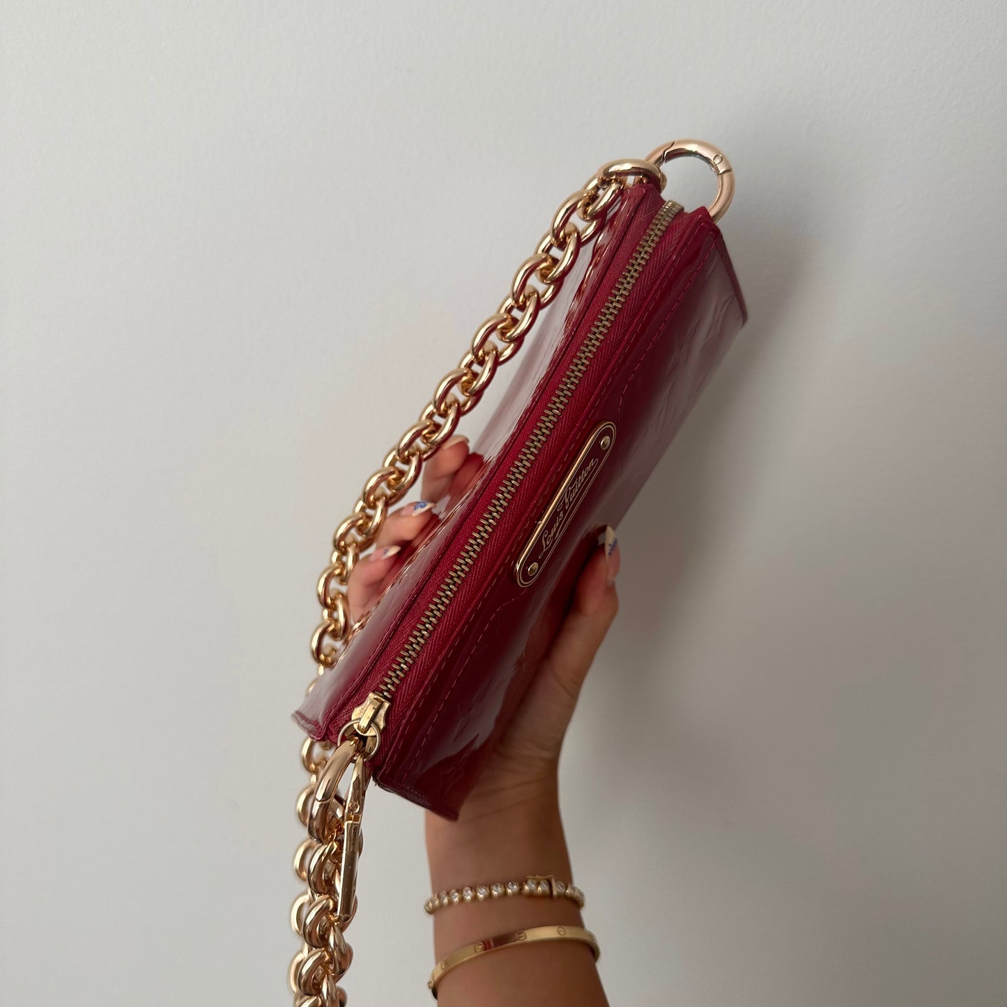 Louis Vuitton Red Vernis Gold Chain Pochette Shoulder Bag