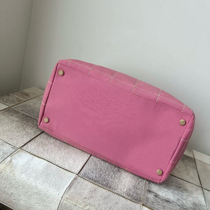 RARE Chanel Pink Canvas Leather Square Stitch Boston Bag w/ Papers