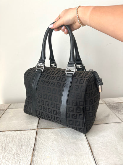 Fendi Black Monogram Zucchino Boston Bag w/ Lock & Key