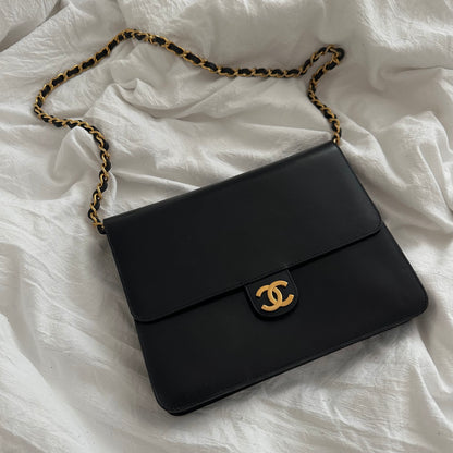 Chanel 24k Plated Gold Black Lambskin Classic Flap w/ Papers