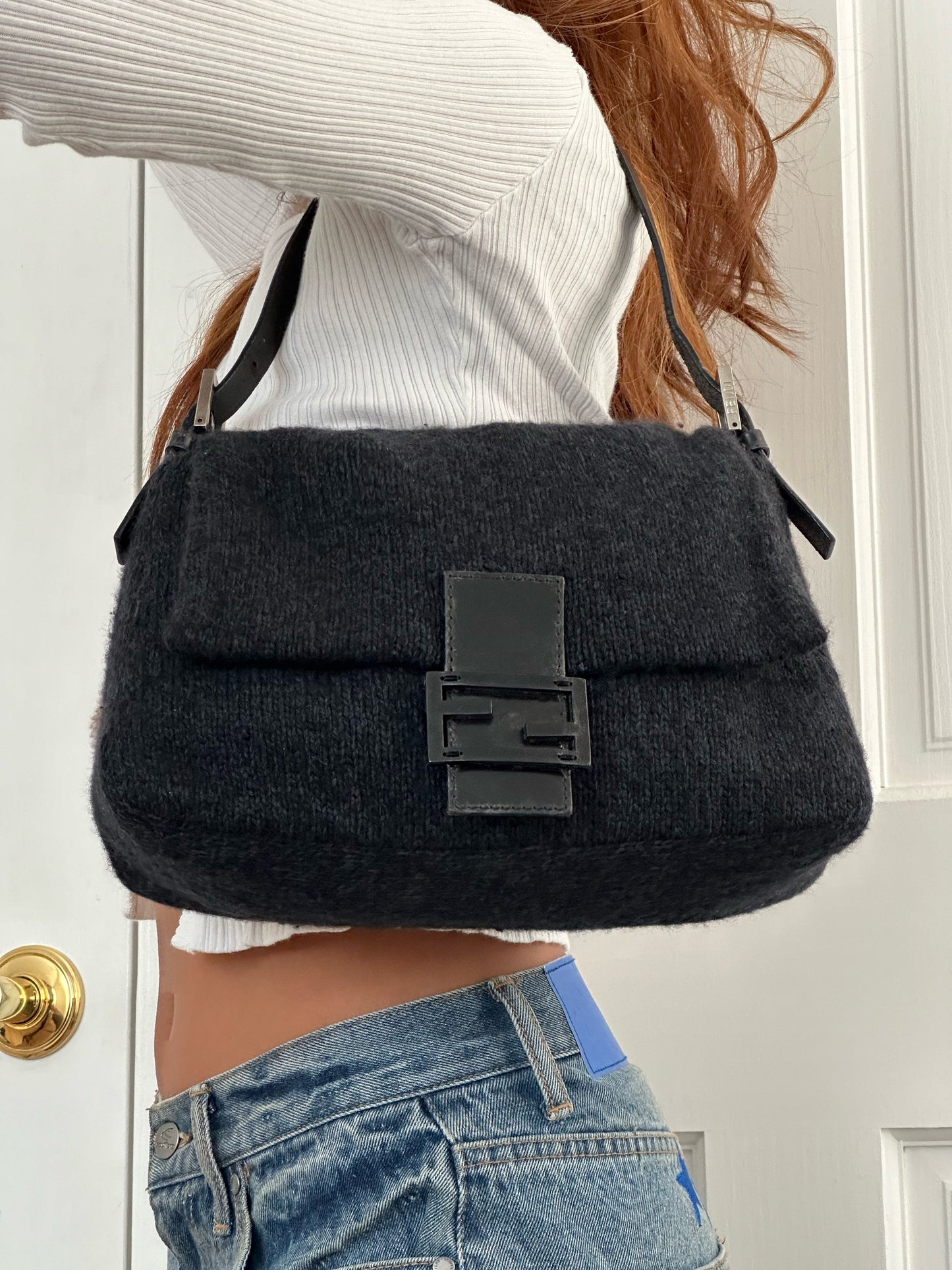 Fendi Mamma Wool Grey and Black Shoulder Bag