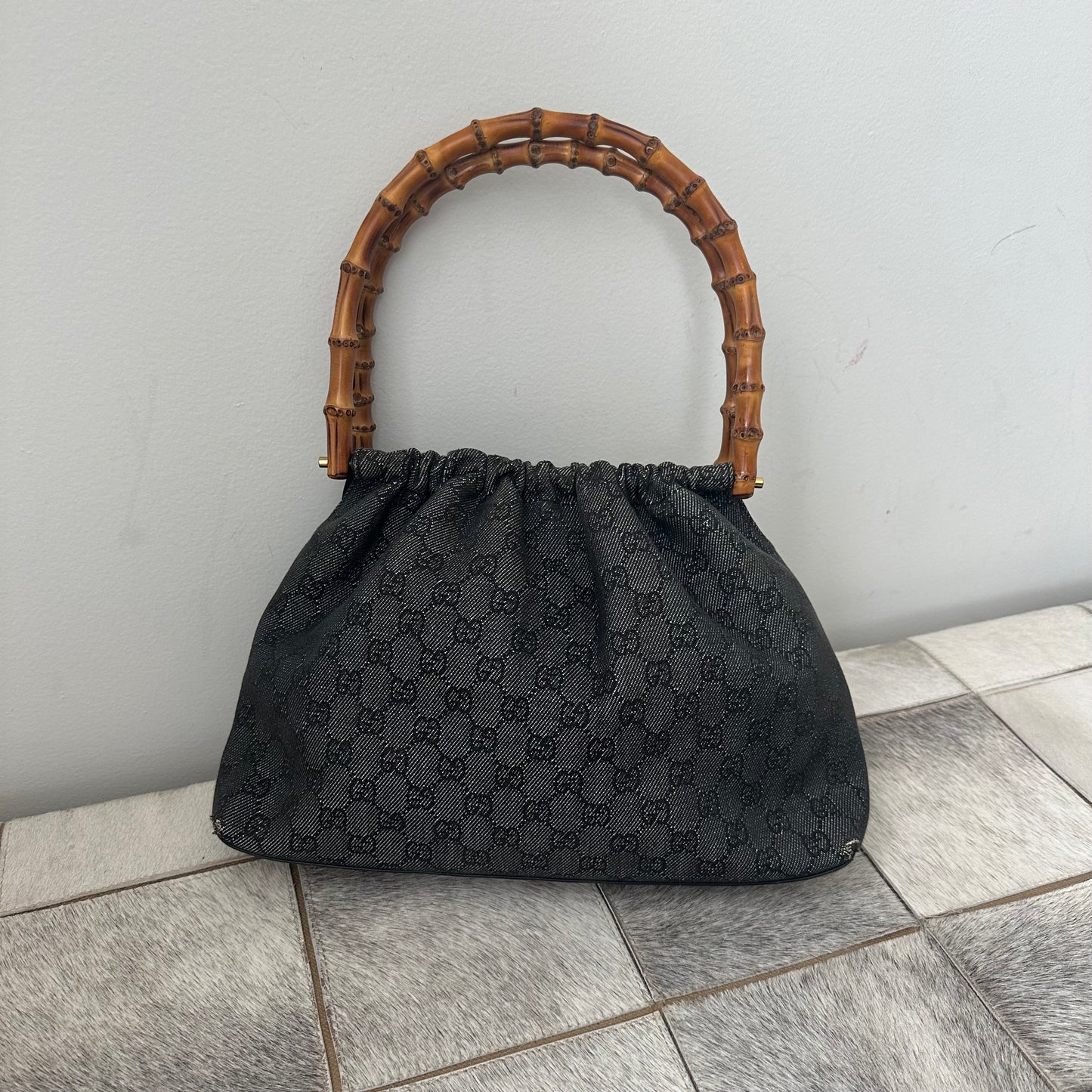 Gucci Black Monogram Bamboo Handle Shoulder Bag