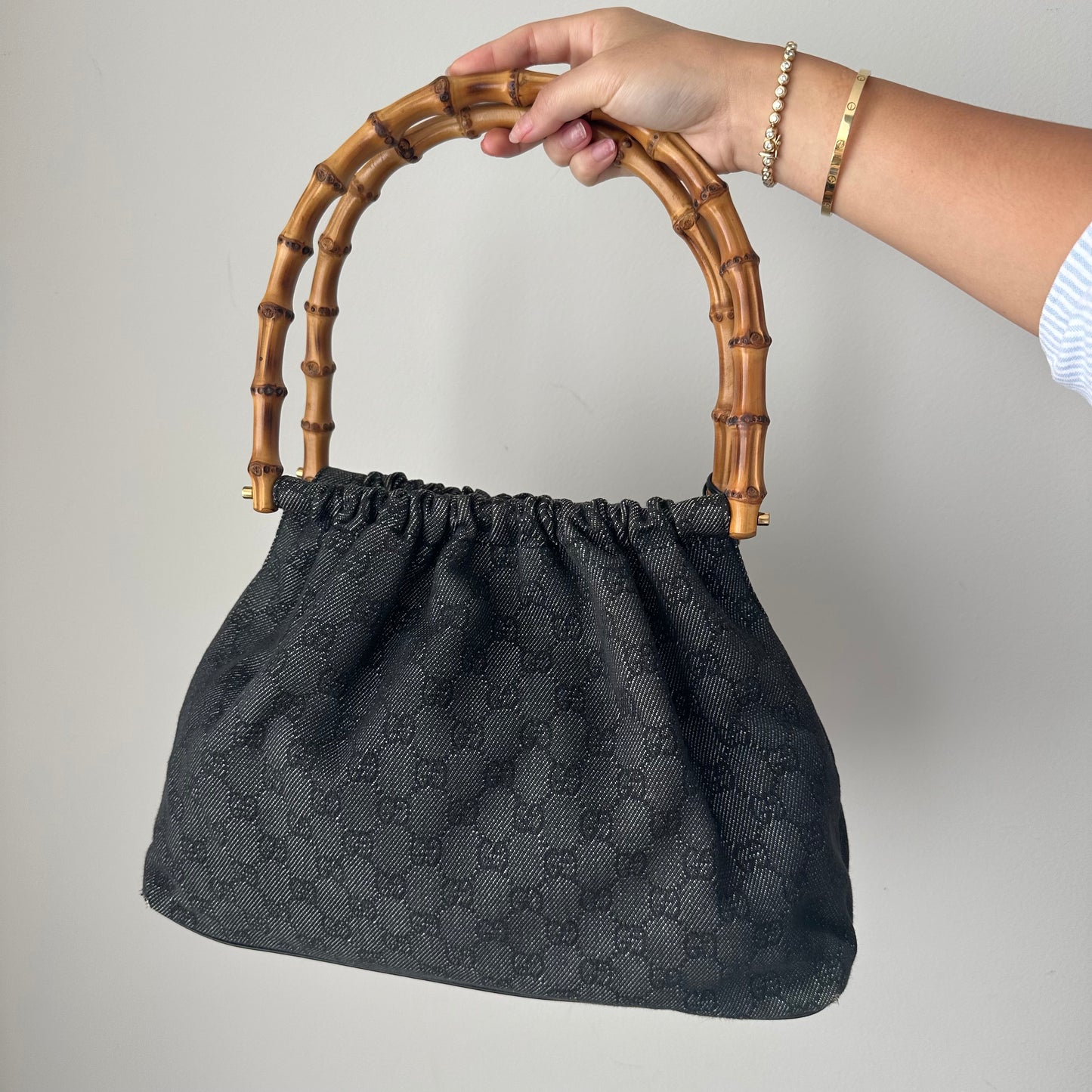 Gucci Bamboo Handle Black Monogram Shoulder Bag