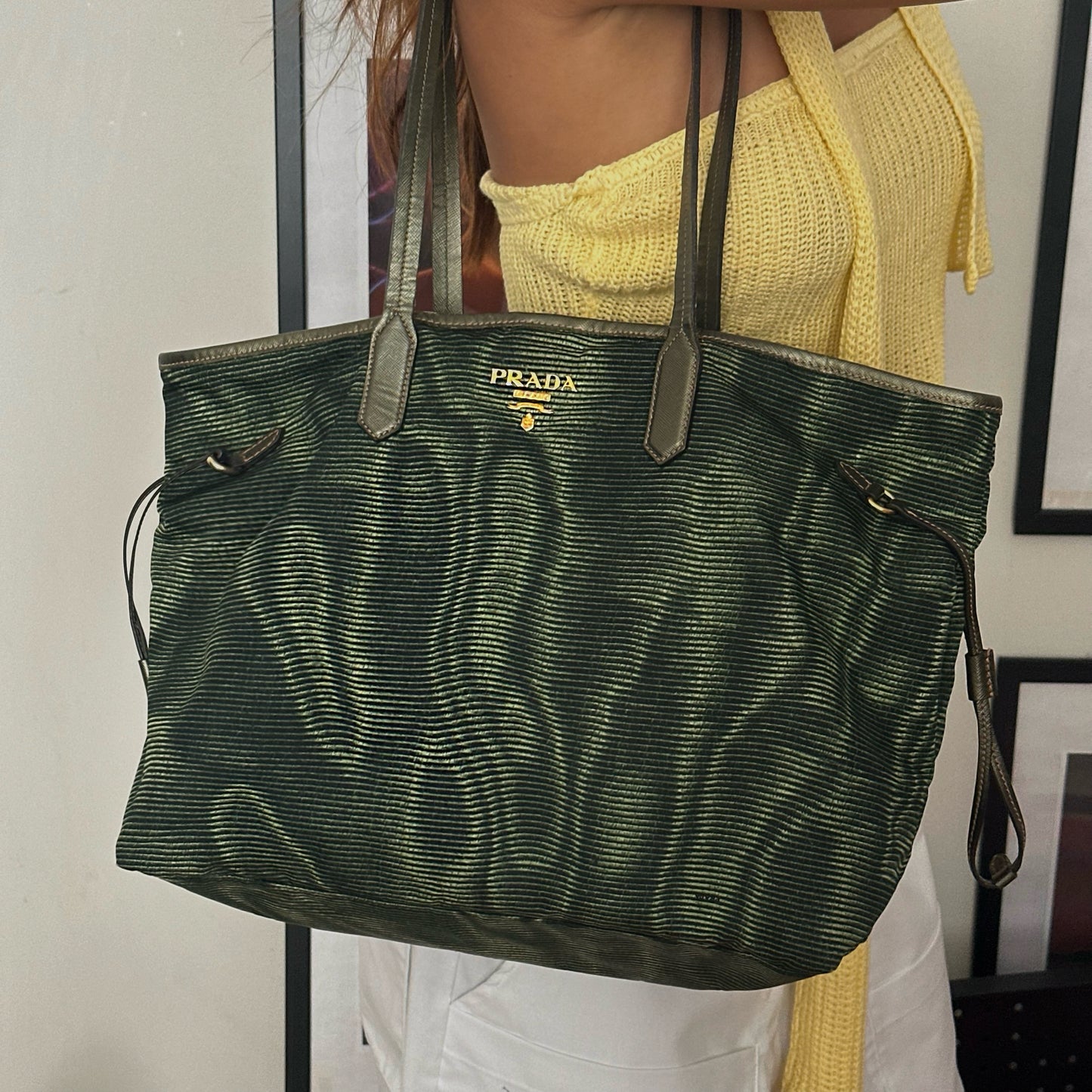 RARE Prada Green Ripple Pattern Shoulder Tote Bag