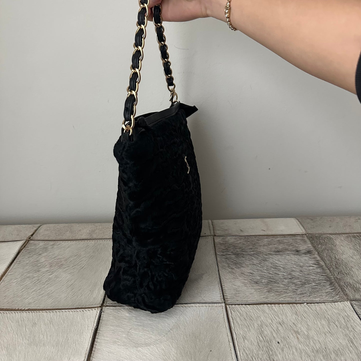SUPER RARE Chanel Persian Lamb Black Fur Leather Shoulder Bag