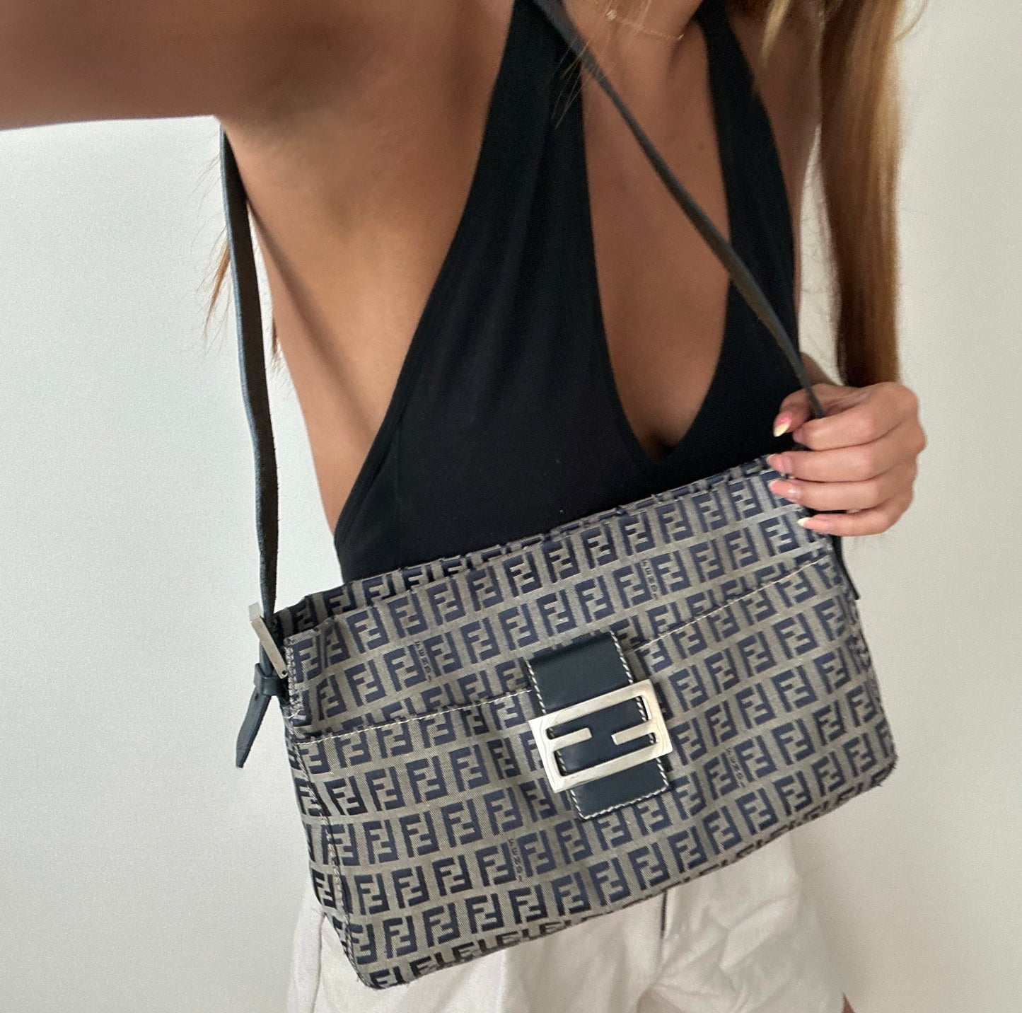 Fendi Navy Zucchino Monogram Mamma Baguette Shoulder Bag