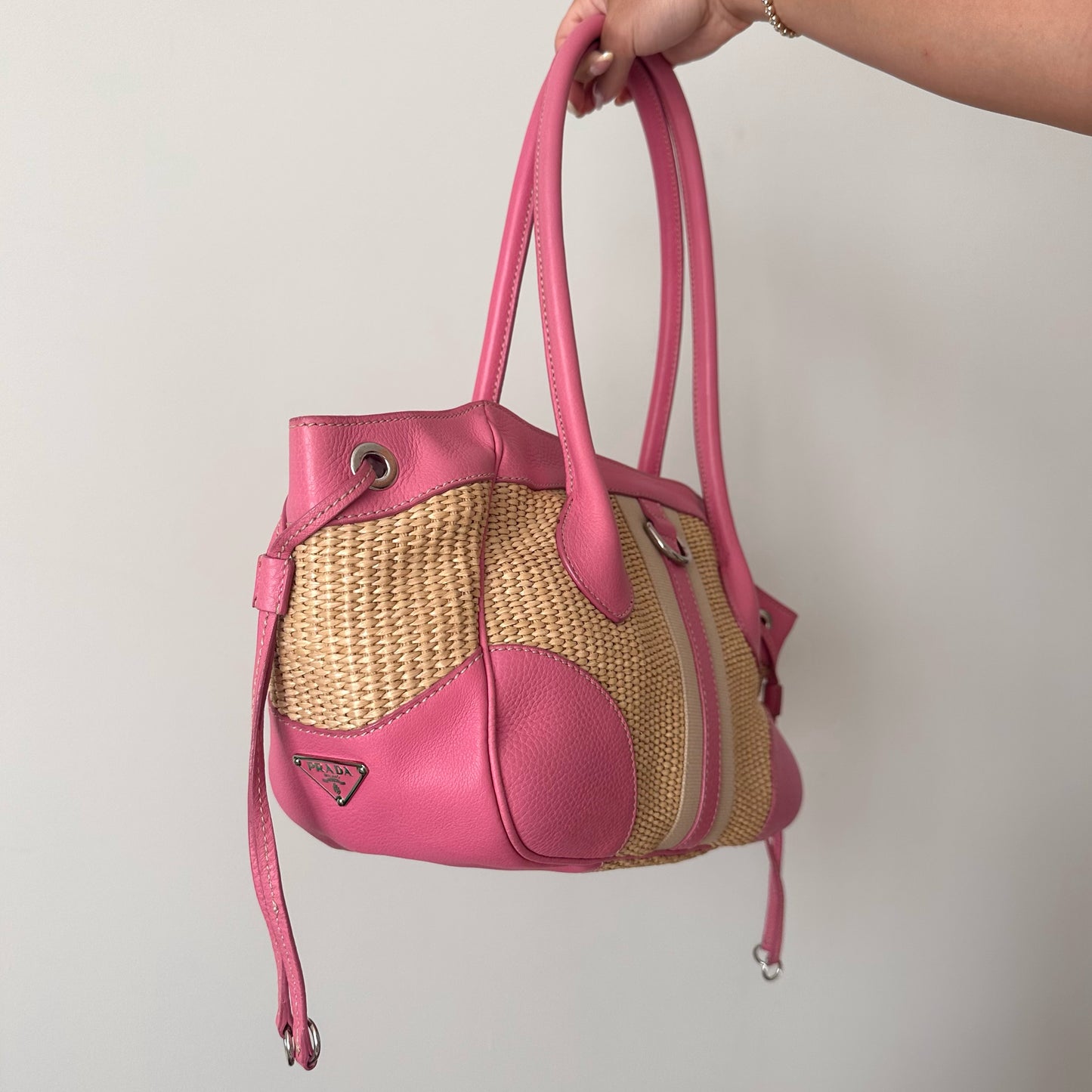 Prada Raffia Pink Paglia Vit Dain Summer Shoulder Bag w/ Papers